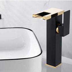 Bathroom Vessel Led Faucet Black& Gold 3 Color Changing Waterfall Single Handle One Hole Bowl Sink Faucet Vanity Lavatory Deck Mount Mixer Tap with Po