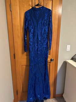Royal Blue Sequin Long Sleeve Formal Gown