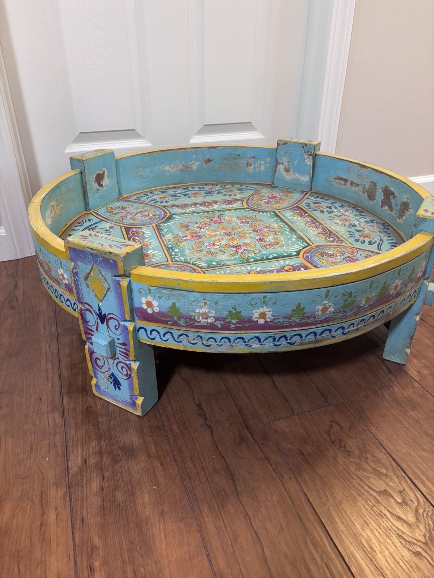 World Market Distressed Floral Painted Grinder Table