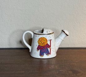 Tiny Vintage Ceramic Watering Can with Whimsical Character Farmer Design