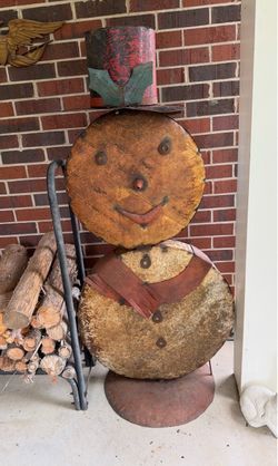 Vintage Large and tall rustic primitive style metal snowman decoration