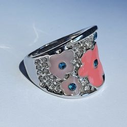 Crystal Enamel Flower Silver Cocktail Ring Size 6