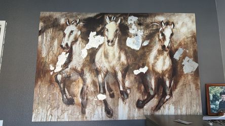 Large Vintage Mixed-Media Canvas Art – Three Galloping Horses with Silver Leaf Accents
