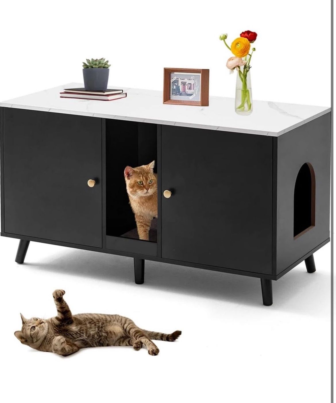Black Litter Box Enclosure for Cats, Double Hidden Litter Box