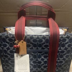Coach Denim Handbag Red Handles New W/Tags