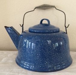 Vintage Blue Enamel Cast Iron Kettle - Coffee Pot