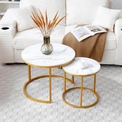 New Round Modern Set of 2 Nesting Tables/Coffee Table with Gold Legs and white faux marble Top