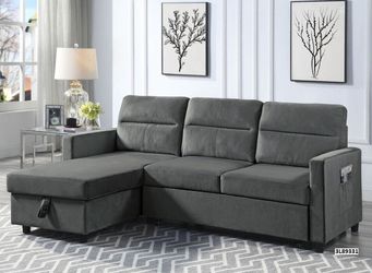 81.5"W Dark Gray Velvet Reversible Sleeper Sectional Sofa with Storage Chaise and Side Pocket