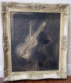 Vintage Rustic 3D Violin Still Life Oil Painting on Board 26.5"x30.5"x2" Framed