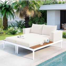Modern Outdoor 2 in 1 Daybed, Patio Metal Sofa Bed with Extra Wood Topped Side Spaces for Drinks, Padded Chaise Lounges with Washable Cushions and Pil