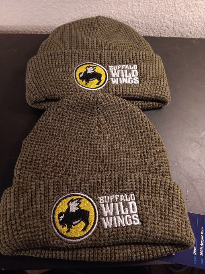 NWT Cap America BUFFALO WILD WINGS Pair of Olive Green Yarn Knit Caps