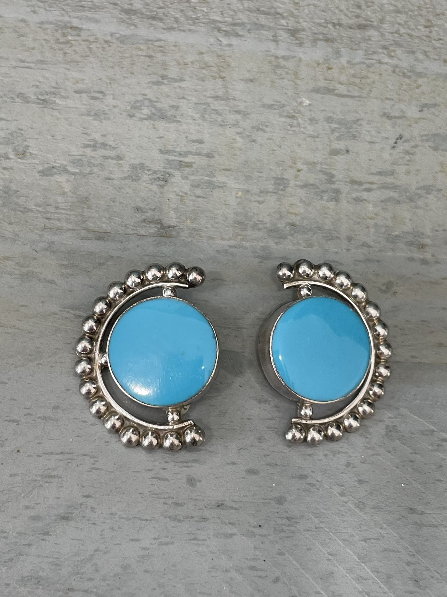 Turquoise Large Silver Clip On Earrings Vintage