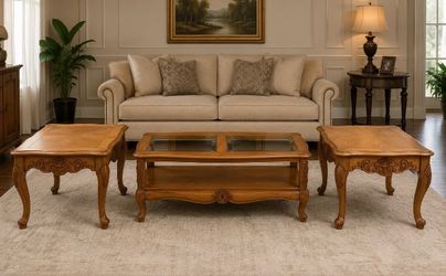 Beautiful Oak Coffee Table Set with Matching End Tables
