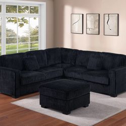 BLACK FUR LIKE CORDUROY SECTIONAL AND OTTOMAN 
