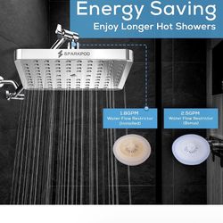 SparkPod High Pressure Rain Shower Head - Luxury Polished Chrome, Easy Install, Adjustable, 6 Inch Square