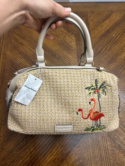 NWT Tommy Bahama Straw Satchel Bag with Flamingo Embroidery