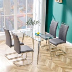 NEW FOUR (4) Gray PU Dining Chairs With Chrome Legs