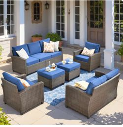 Ovios PRS Series Brown 6-Piece Wicker Outdoor Patio Conversation Seating Set with Navy Blue Cushions