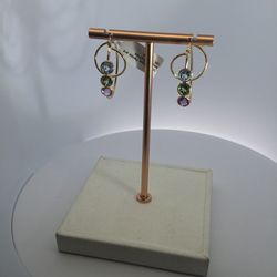 14K Yellow Gold Lady’s Amethyst,peridot And Aquamarine Fancy Earrings 