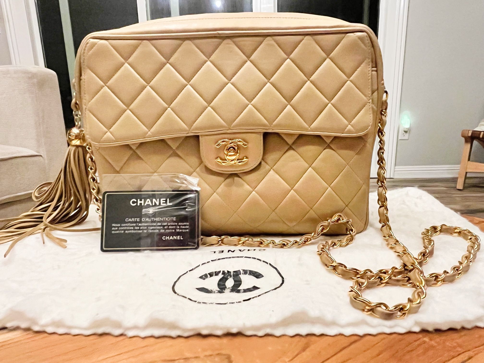Stunning Authentic Beige Lambskin Chanel Flap Camera Bag-24KT GLD Hardware