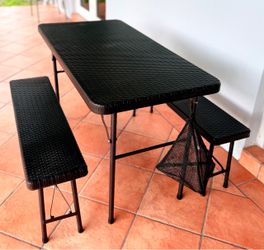 3-Piece Folding Rattan Patio Table & Bench Set – Like New