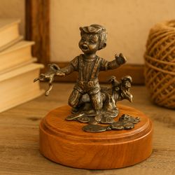 Dan Levin USA 1970 Cast Metal Boy Dog & Frogs Figurine On Wood Base, 3x4”