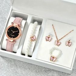 4 PCs Watch Set , Pink Watch With Gold Necklace Earrings  Pearl  Bracelet & Ring , Exclusive Deal Jewelry Set , Perfect For Women Gift, Analogue Watch