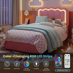Twin Size Bed Frame with LED Lights and Storage Drawer, Pink Upholstered Velvet Platform Bed with Adjuatable Wavy Headboard, Noise-Free, Easy Assembly