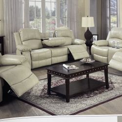 Cream Beige Leather Fully Reclining Couch Set 