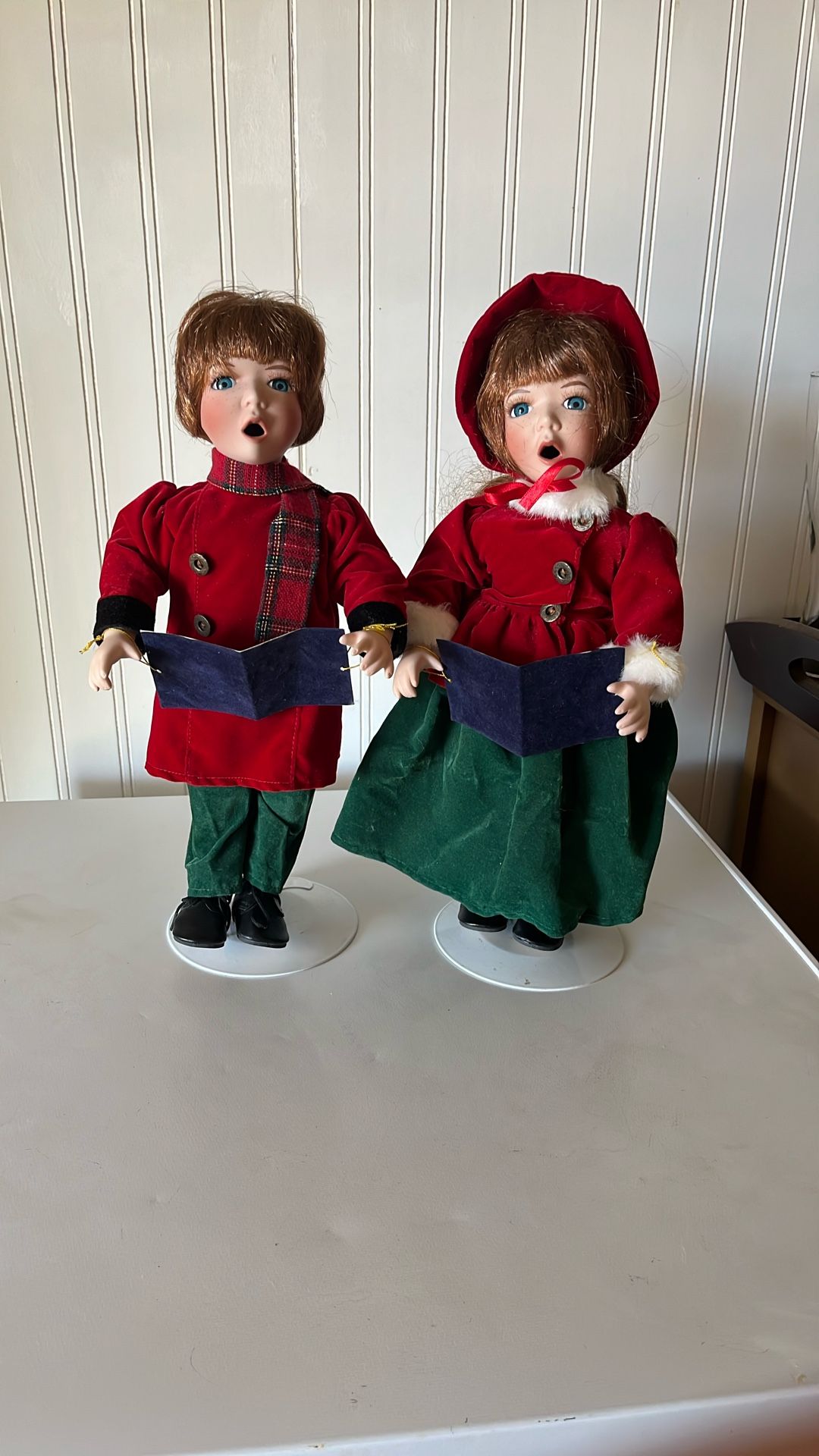 Vintage Porcelain Dolls 2 Victorian Carolers Jingle Bell Christmas JOY NOEL Boy & Girl Dolls π