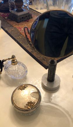 Antique make up set powder mirror and perfume