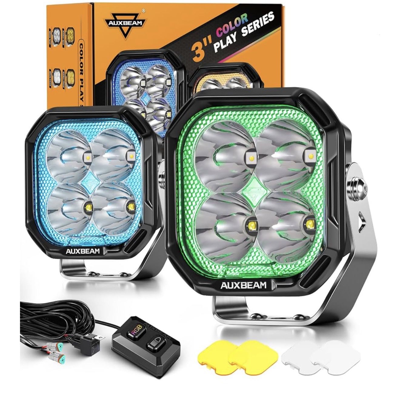 Auxbeam RGBW 3" 116W Offroad Lights 7 Solid Color Changing Backlight 12960LM Driving LED Pods Gradient Cycle Ambient Spotlights, Amber White Lens Cove