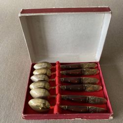 VINTAGE BRONZE MINI SPOONS SET OF 6 SPOONS WOODEN HANDLE MADE IN THAILAND