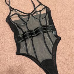 New Small black sheer bodysuit lingerie festival rave goth top