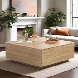 ❤️‍🔥 chartustriable 43” Square Coffee Table with Storage, 43" D x 43" W x 17" H Modern Large Square Center Table with 2 Drawers, Wood Coffee Table fo