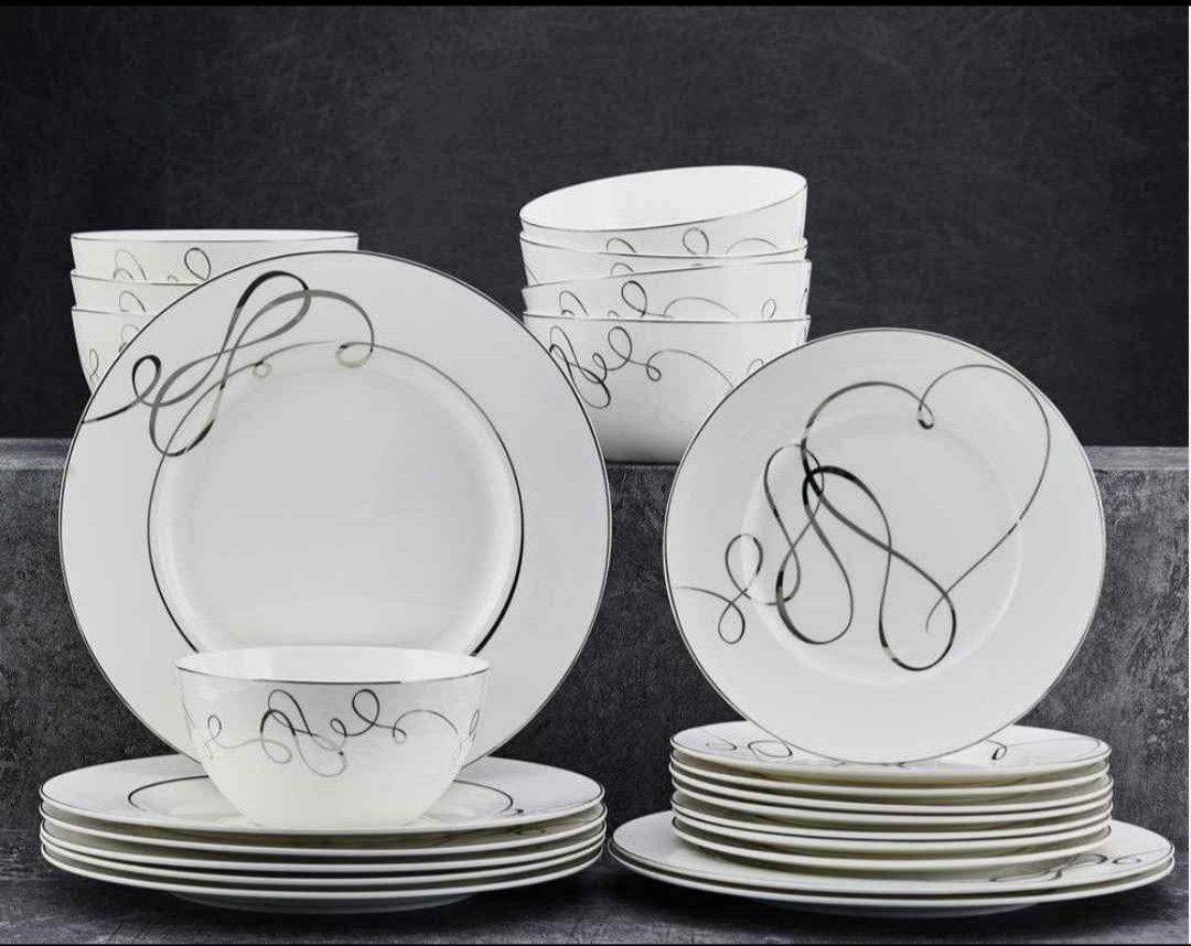 Mikasa 48 PIECE Porcelain Love Story Platinum Banded Dinnerware Fine China, Service for 8. Like new. Only Used A Few Times