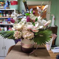 Floral Arrangement Ruffled Fan Palm Leaves Tulips Hydrangea Bouquet In Pot