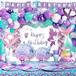 Mermaid Birthday Decorations, 194 PCs Little Mermaid Party Decorations, Backdrop Balloon Banner Tableware with Plates Napkins Cups Straws Cutlery for 