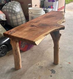 Live Edge Rustic Wood Slab Bench – Natural Log Legs, Handmade