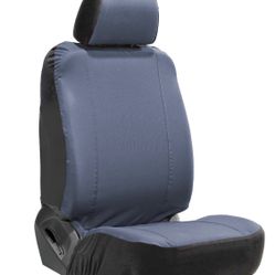 Durable polyester car seat cover has a two-tone blue and black design. Material is breathable and stretchy for a universal fit on most standard bucket