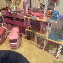 Barbie dream house + Barbie Camper + Barbie jet + Multi Storage Bin With Barbies, Clothes, Decor & 2 Closets 