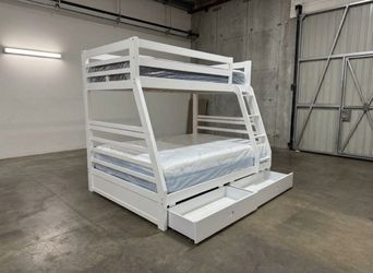 White Twin over Full Bunk Bed with Storage Drawers