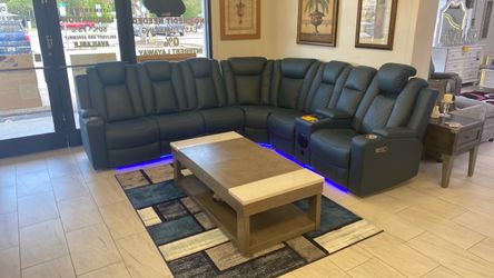 Dark Teal Leather Power Reclining Sectional Sofa