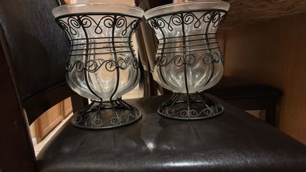 Glass Hurricane Candle Holders with Black Metal Frames – Set of 2