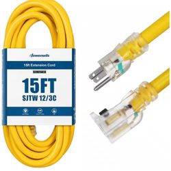 15 ft. 12/3 Gauge SJTW Indoor/Outdoor Extension Cord with Lock, Yellow, ETL Listed