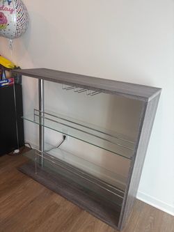 Gray Wood Bar Cabinet with Glass Shelves