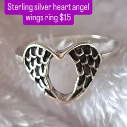 Women sterling silver heart shaped Angel wings ring