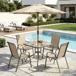 5 Pieces Outdoor Patio Dining Set, Glass Table and Textilene Chair | Stackable Chairs for Saving Space, 30"X30" Table with Metal Frame, 1.69" Umbrella