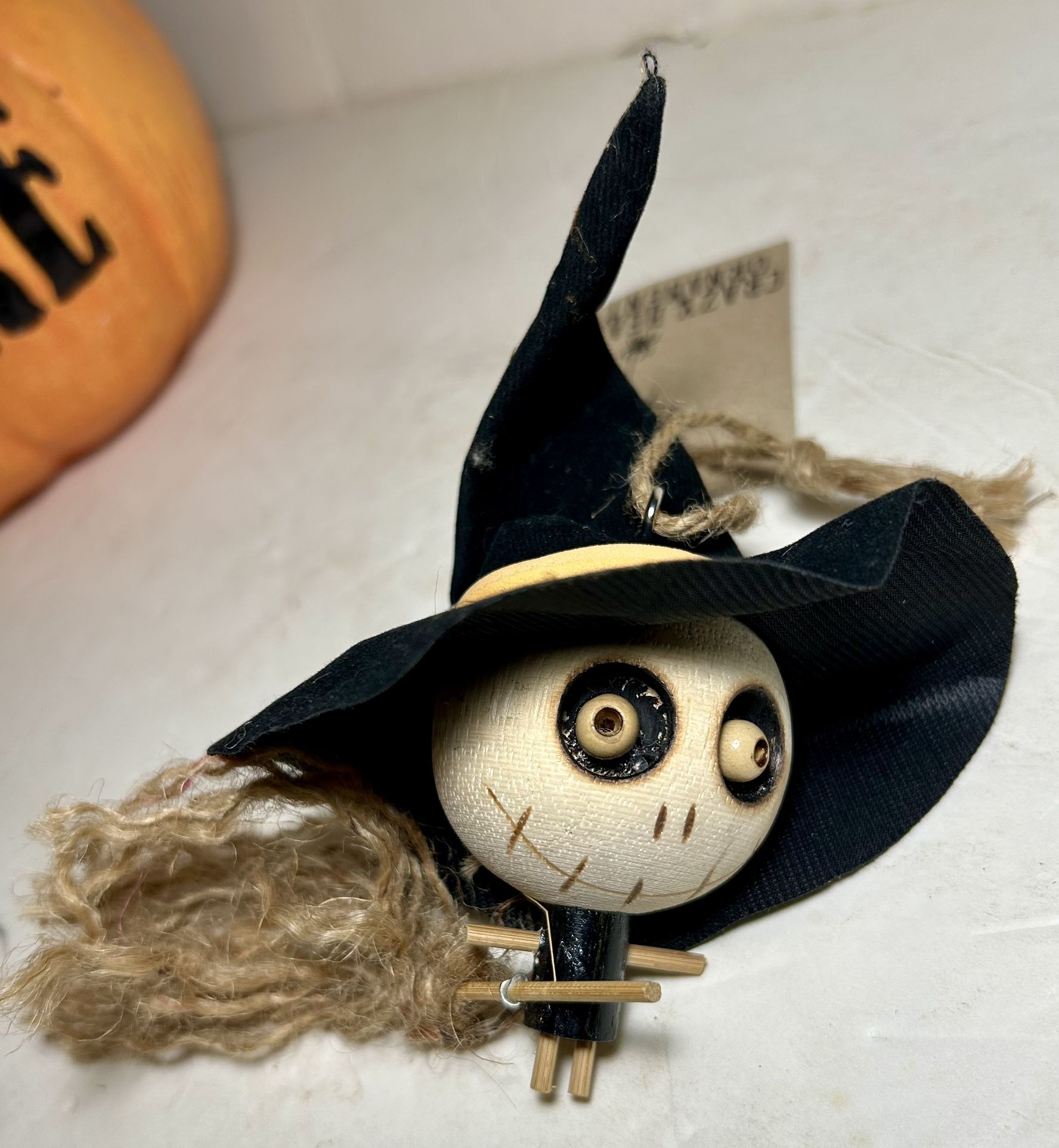 Halloween Vintage Crazy Head Witch W/Broom 3D Wood Ornament New, Old Stock