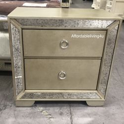 Champagne Nightstand W/ Mirrored Trim Brand New In Box 
